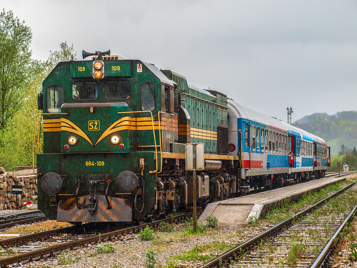 Am verregneten 10.04.2015. wartete 664 109 mit dem von britischen Eisenbahnfreunden gebuchten Sonderzug im Bahnhof von Rogatec. Kurz danach übernahm die kroatische 2062 024 den Zug, während die slowenische 664 als Lokzug nach Celje zurückkehrte.