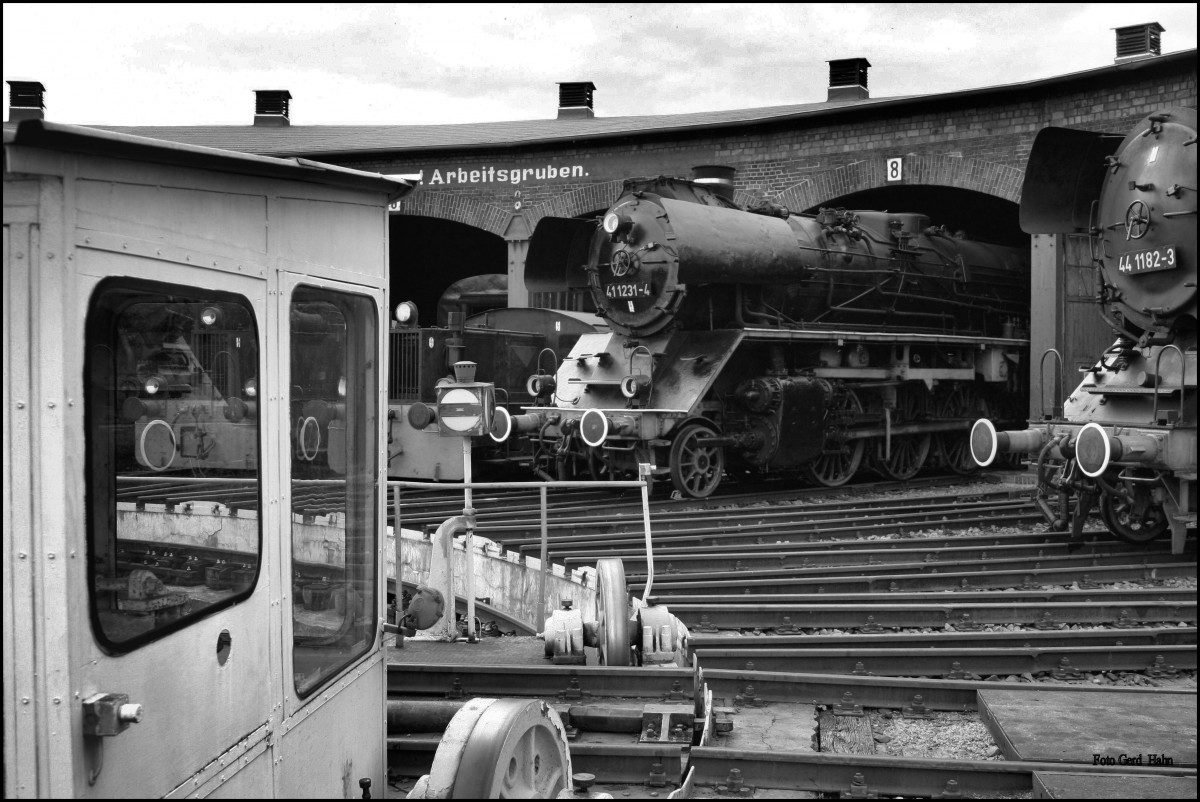 Am Vorabend des Traditions Festes des BW Staßfurt am 25.9.2015 wurden die Loks rund um die Drehscheibe positioniert. 411231 hatte da bereits ihren Platz gefunden und lugte aus dem Schuppen hervor!