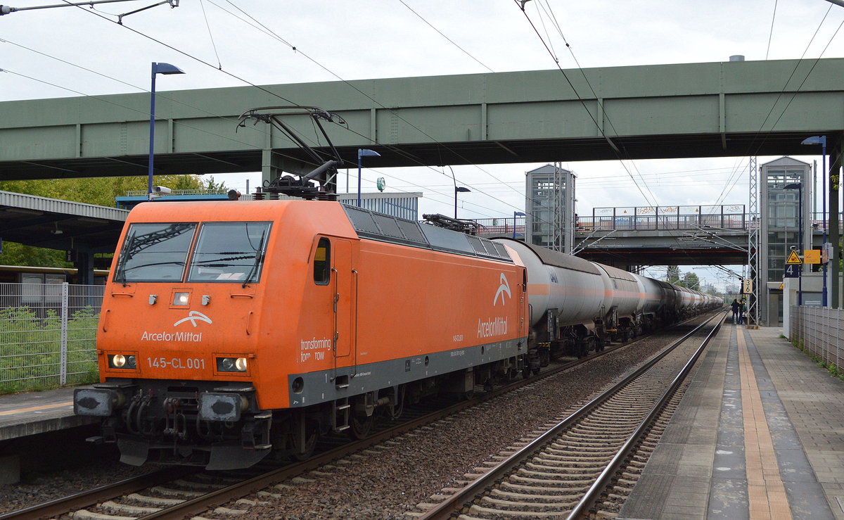 AMEH Trans - ArcelorMittal Eisenhüttenstadt Transport GmbH mit  145-CL 001   [NVR-Number: 91 80 6145 081-6 D-EKO] und Ganzzug Druckgaskesselwagen (leer) Richtung Stendel am 14.09.18 Bf. Berlin-Hohenschönhausen.