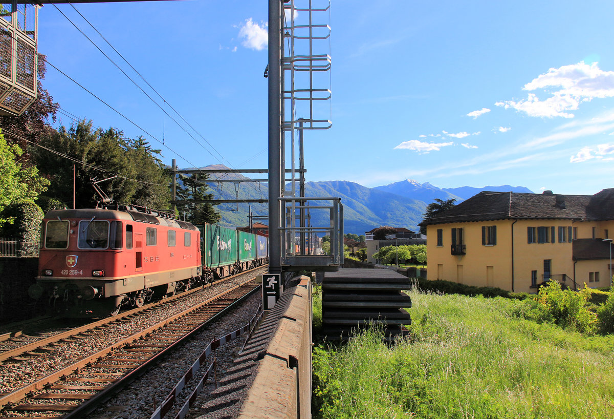 An der alten Ceneri-Strecke Bellinzona-Lugano (wird bald durch einen Basistunnel ersetzt): Schwere Güterzüge nach Italien haben für den Ceneri-Pass bisweilen eine Schiebelok, hier 420 259. Im Hintergrund ist der Aufstieg zum Ceneri-Scheiteltunnel sichtbar. Bellinzona, 5.Mai 2019 