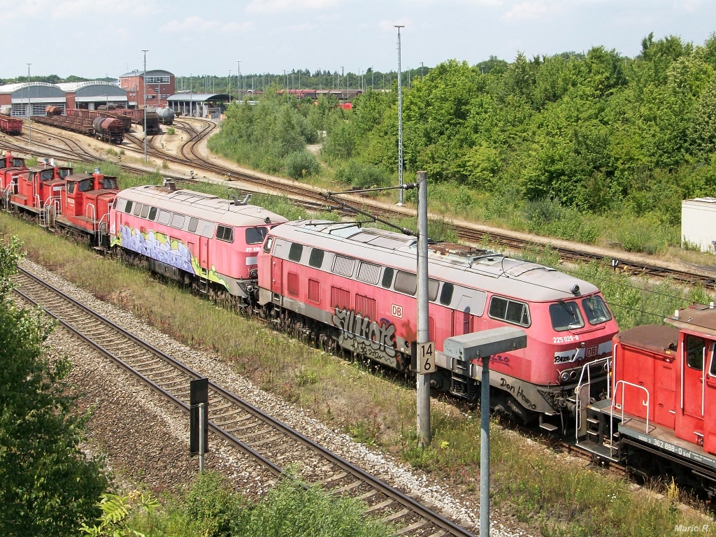 An einem sonnigen Juli-Tag, es war der 10.7.2013, stand ein Besuch der  Schrottreihe  in München Nord Rangierbahnhof an. Die Loks aus der V160-Familie standen zum Zeitpunkt der Aufnahme schon teilweise länger als ein Jahr abgestellt. Die im Bild neben 362 888 und 225 029 abgestellte 217 020 stand beispielsweise bereits seit August 2010 abgestellt in München Nord. 225 029 wurde im Juli 2012, also ein Jahr zuvor z-gestellt.
Dieses Bild zeigt den vorderen Bereich der Schrottreihe.