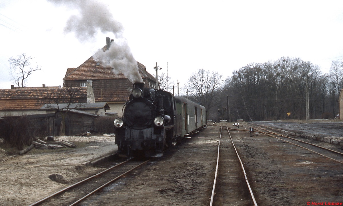 An einem trüben Februartag 1989 wartet eine Px 48 im Bahnhof Zaniemysl auf die Abfahrt nach Sroda. Diese 750 mm-Schmalspurbahn gehörte zu den letzten mit Dampflokomotiven betriebenen polnischen Schmalspurbahnen. Bis 1978 führt die Strecke weiter bis kurz vor Poznan.