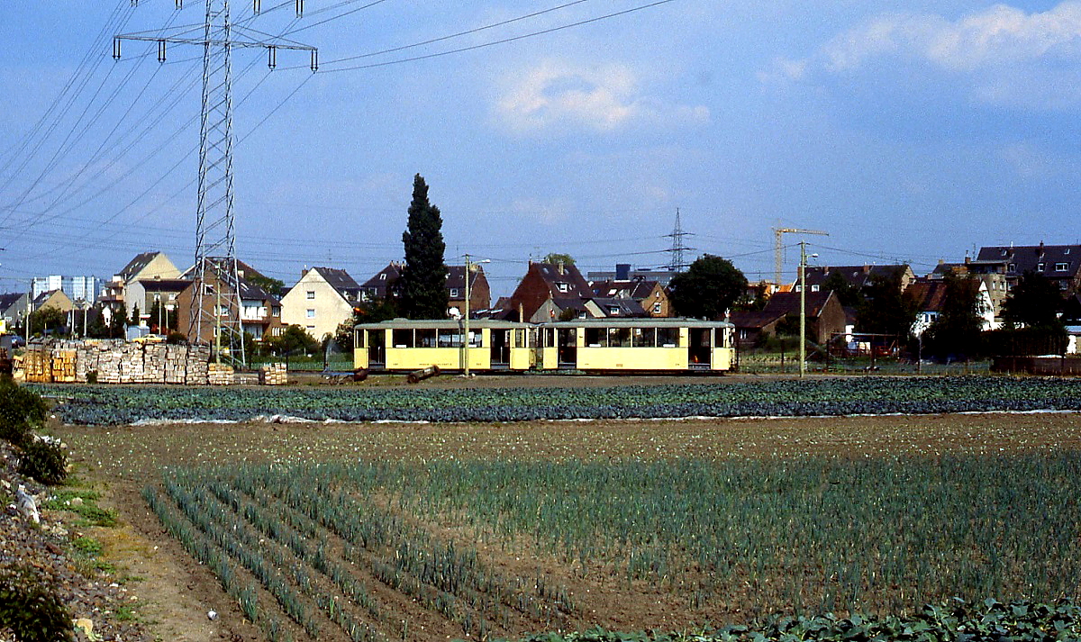 An der Endhaltestelle im noch ländlich geprägten Düsseldorfer Stadtteil Hamm wenden die Triebzüge zwischen den Feldern über ein Gleisdreieck, hier der Museums-Tw 379 mit passendem Beiwagen im Jahre 1986
