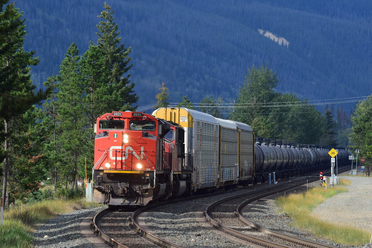 An der ersten Fotostelle in Jasper musste ich auf den ersten Güterzug nicht lange warten. 8931 und 5762 erreichen mit einem Güterzug Jasper aus Richtung Kamloops.

Jasper 19.08.2022