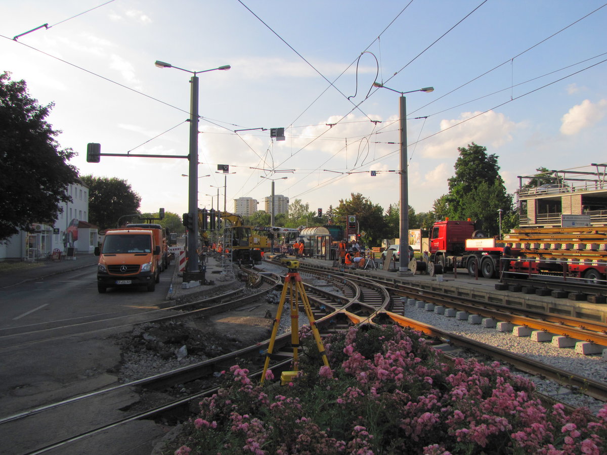 An der Haltestelle Klinikum und an den dortigen Abzweigen zum Betriebshof bzw. zur Wendeschleife Marie-Elise-Kayser-Straße wurden in den letzen Tagen die Gleise erneuert. Das Bild zeigt die Baustelle am 09.07.2016.