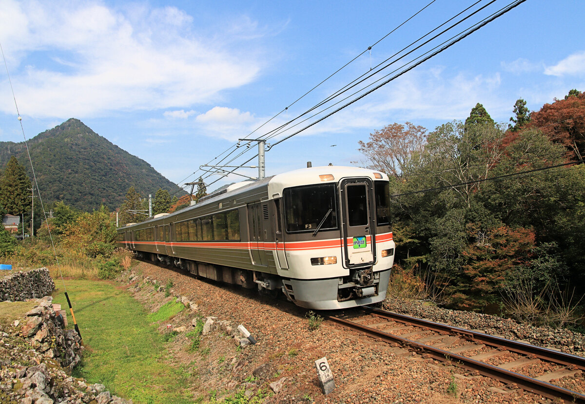 An der Iida Linie in Zentraljapan: Diese lange Linie aufs Hochplateau in den Bergen wird bis zum Städtchen Iida zweimal am Tag auch von einem Intercity mit sehr bequemer Bestuhlung bedient. Im Bild ist der Dreiwagen-Intercityzug Serie 373 Nr. 3 bei Yuya Onsen. Anderthalb Wagen haben nur reservierte Plätze. 5.November 2023 