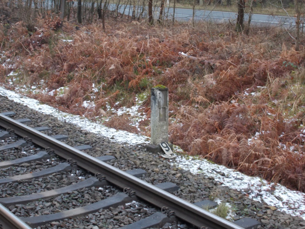 An der Strecke Lietzow-Binz findet man noch die alten Kilometersteine(teils ohne Kilometrierung),wie Diesem den ich an der Station Prora Ost,am 26.Januar 2015,fand.