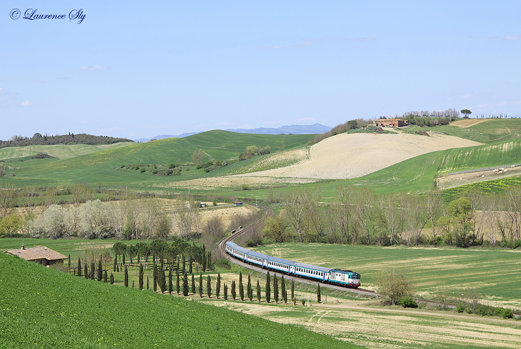 An unidentified D.445 propels Regionale train 11786 through the Tuscan hills near Ponte D`arbia, 14 April 2013
