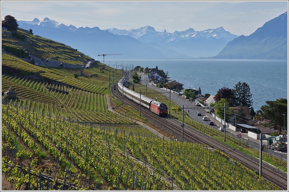 An Weinhänge vorbei fährt der IR 1416 nach Lausanne.
(08.05.2014)