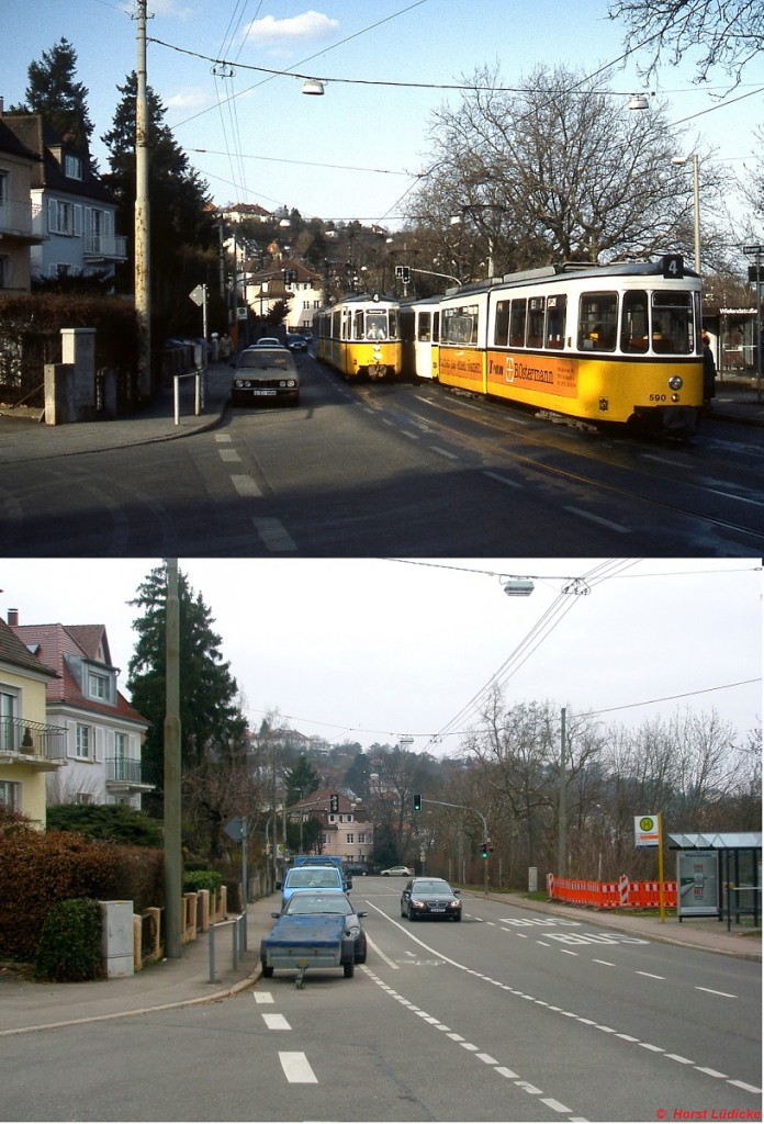 Anfang der 1990er Jahre treffen sich zwei Züge der Linie 4 an der Haltestelle Wielandstraße. Abgesehen davon, dass die Straßenbahn nicht mehr verkehrt, hat sich im Vergleich mit dem unteren Bild, das am 02.04.2013 entstand, auf der Botnanger Straße kaum etwas verändert.