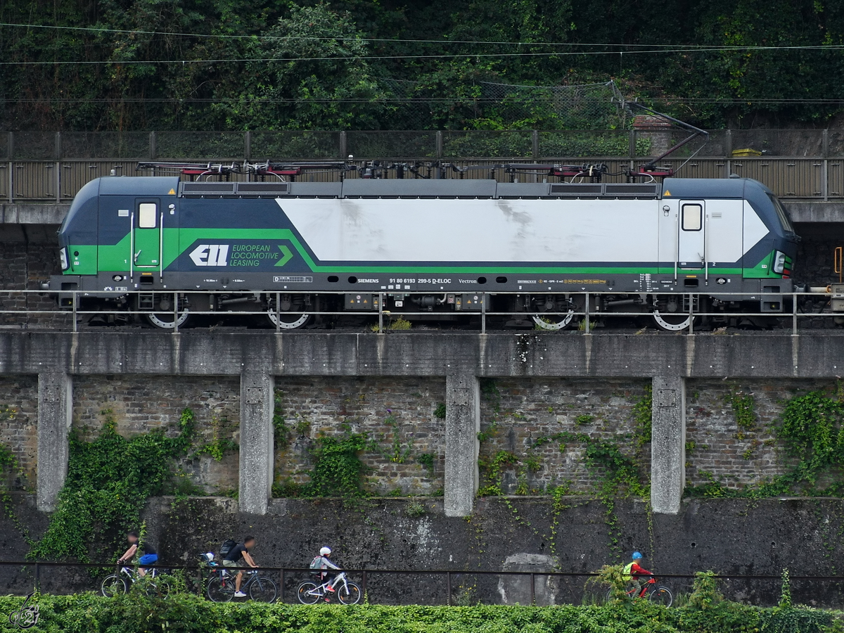 Anfang August 2021 war auf der linken Rheinstrecke bei Remagen die Elektrolokomotive 193 299-5 unterwegs.