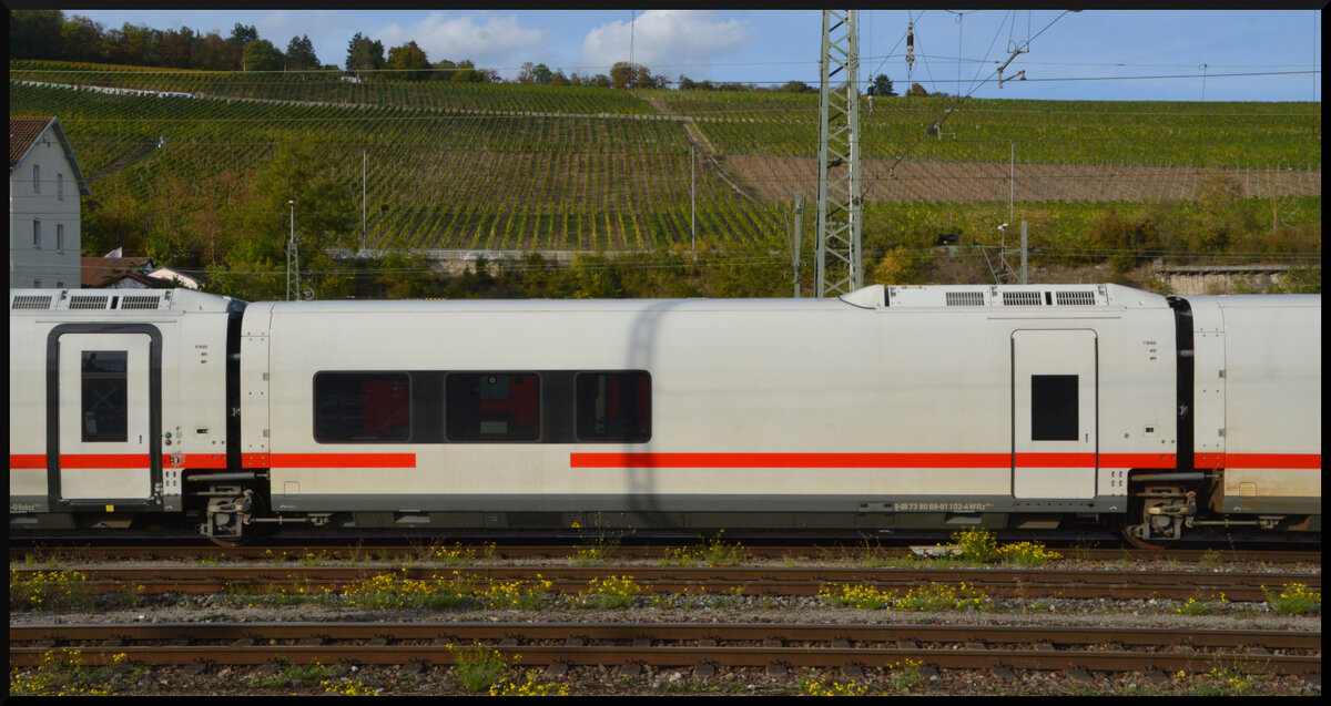Anfang Oktober fanden auf der Schnellfahrstrecke Hannover – W�rzburg Testfahrten mit einem TALGO ICE-L und der neuen DB-Baureihe 105 statt. Da der Steuerwagen des ICE-L noch nicht vollst�ndig f�r den Betrieb auf deutschen Gleisen zugelassen ist, wurden diese Tests mit der RADVE 183 500 als Vorspannlokomotive durchgef�hrt. Das Bild zeigt den Tz 1802 mit dem Speisewagen D-DB 73 80 88-91 102-4 WRz am 07.10.2026 bei der Wendepause in W�rzburg Hbf.

