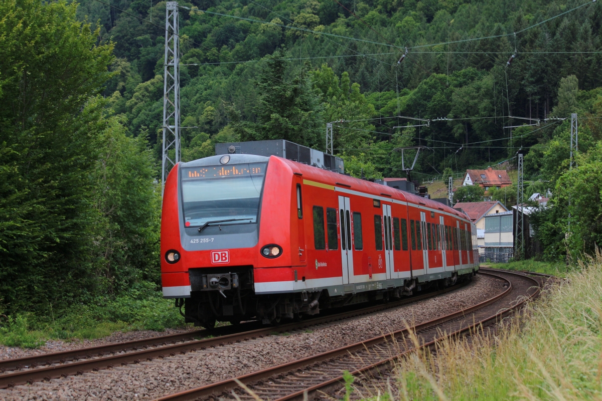 Angeführt von 425 255 ist am 13.06.2020 eine Doppeltraktion auf der S1 nach Osterburken bei Zwingenberg unterwegs.