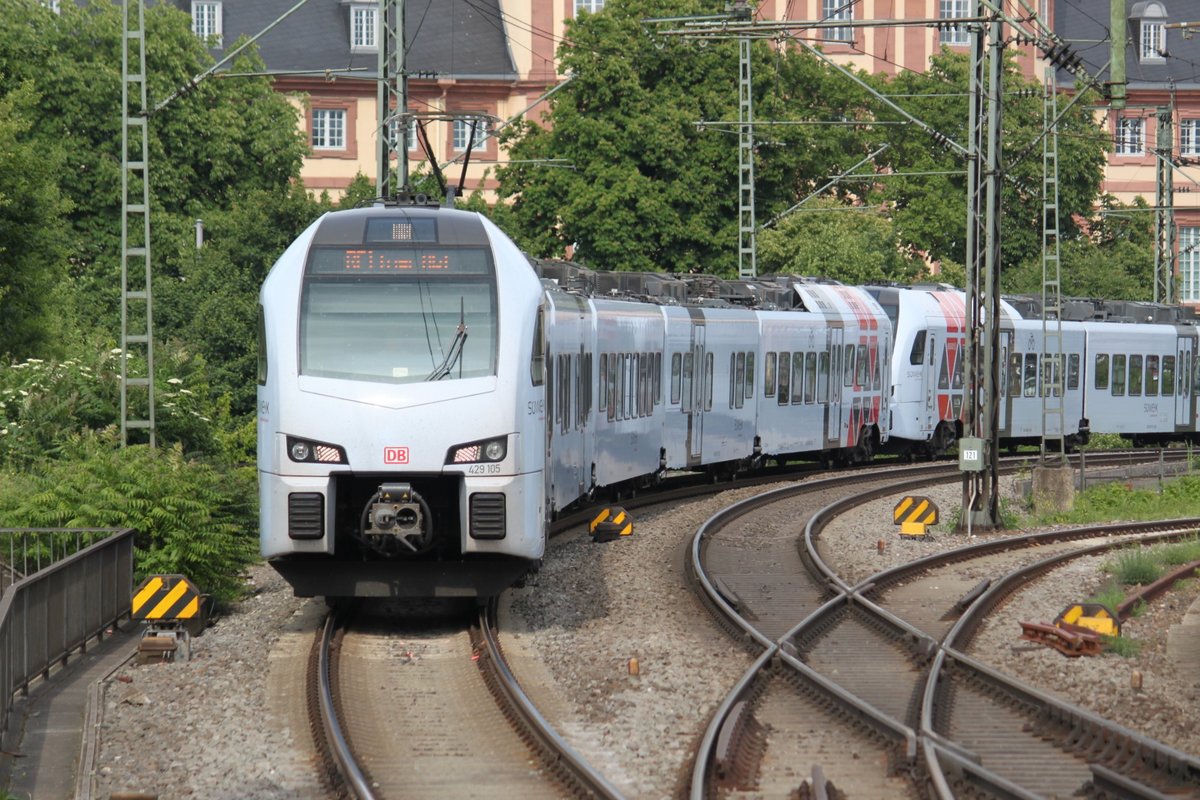 Angeführt von 429 105 erklimmt eine Süwex Doppeltraktion Flirt3 die Steigung zu den Rheinbrücken zwischen Mannheim und Ludwigshafen. Aufnahmedatum: 23.05.2017