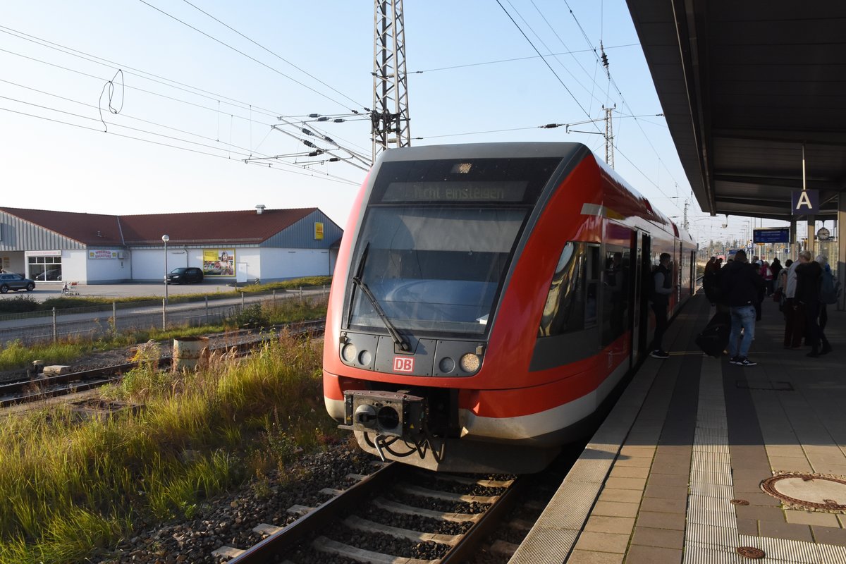 ANGERMÜNDE (Landkreis Uckermark), 15.10.2019, ein Zug der Baureihe 646 ist als RB66 von Szczecin Główny im Bahnhof Angermünde eingetroffen