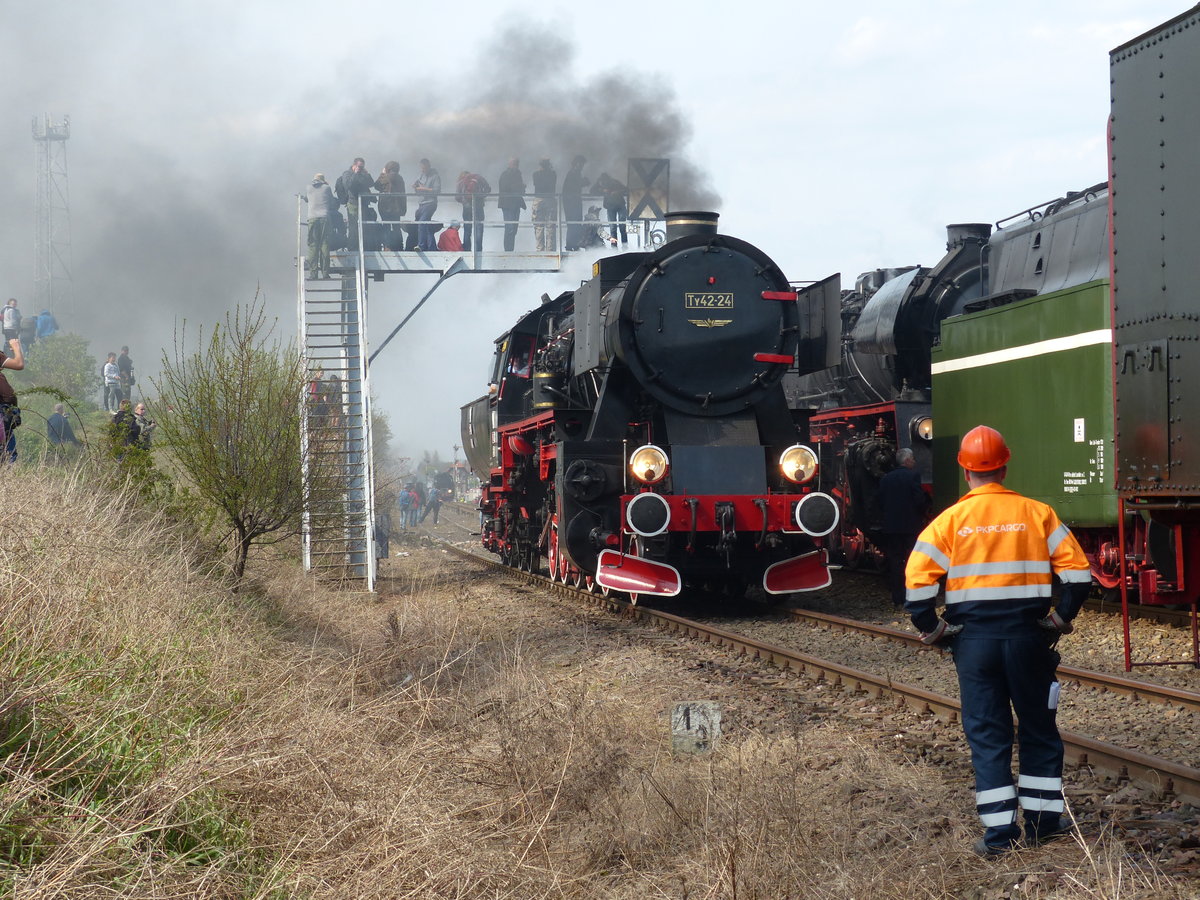 Ankoppeln zur Dampflokparade. In Wolsztyn fahren die Loks zunächst alleine, werden dann zusammengekoppelt und fahren gemeinsam zurück. Früher ging es viel weiter hinaus, nun überquert allerdings eine neue Straße die Schienen, so dass das Zusammenkuppeln auf Höhe der Signalbrücke erfolgt. Ty42-24 aus Pyskowice kommt gerade an. 30.4.2016, Wolsztyn