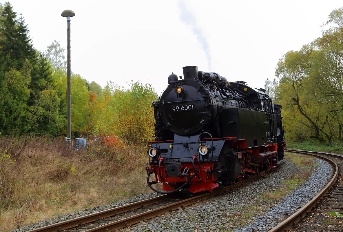 Ankunft des Ig HSB-Sonder-PmG`s am 23.10.2016 in Straßberg. Aufgrund der Länge des Zuges, mußte hier sehr weit vorgezogen werden. Die einsam in der Distelwildnis stehende Pilzlampe ist ein Relikt aus besseren Zeiten, als die Gleisanlagen hier noch wesentlich umfangreicher waren.