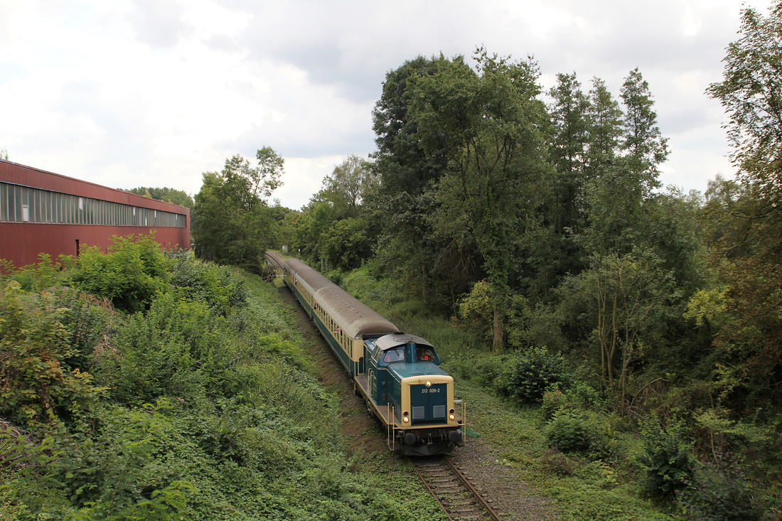 Anlässlich des Sommerfestes der Regiobahn war Railflex 212 039 mit einem Sonderzug mehrmals zwischen Mettmann Stadtwald und Dornap-Hahnenfurth unterwegs.
Das Foto entstand am 24. August 2014 in Mettmann.