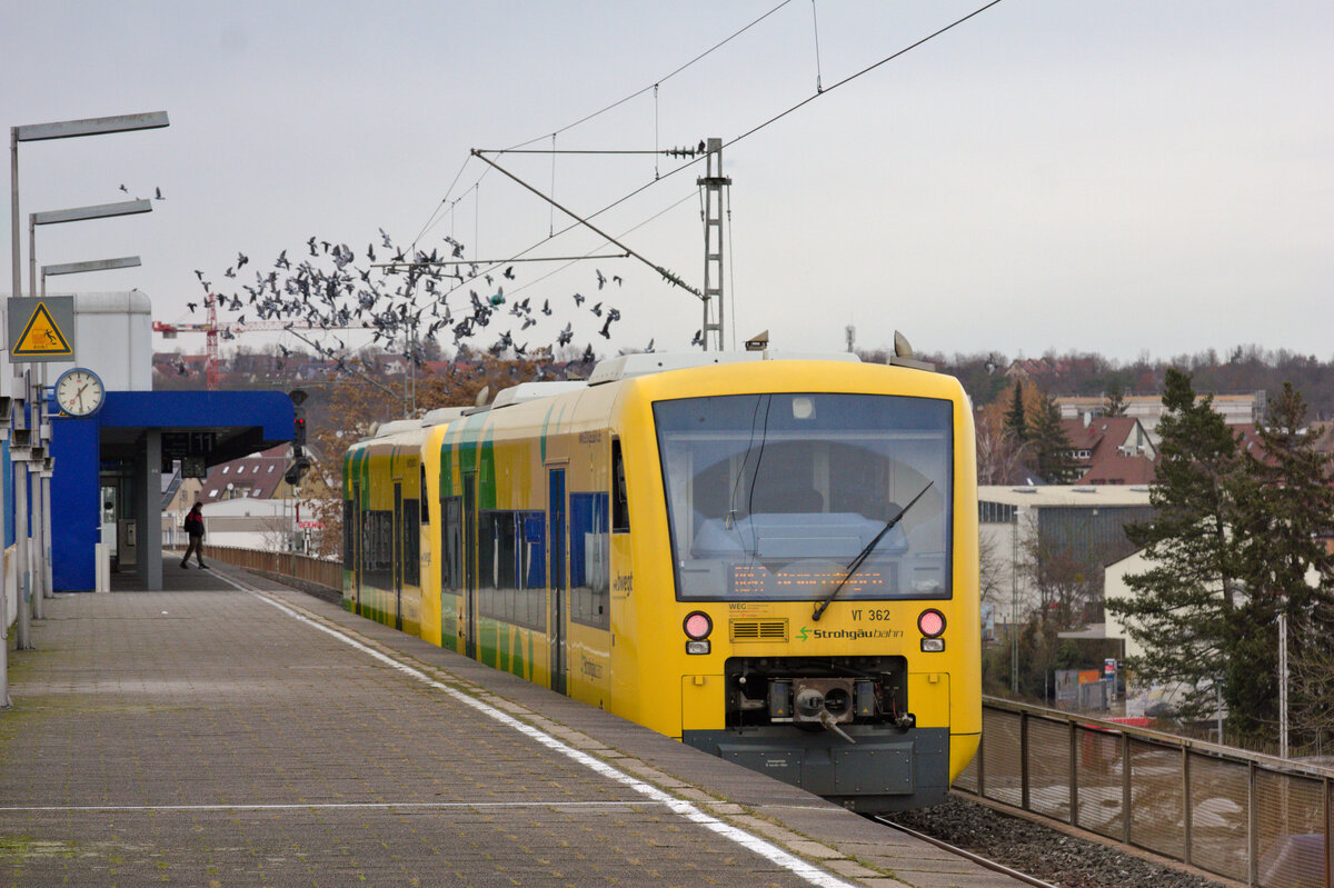 Anlässlich des Stuttgarter Weihnachtsmarktes fuhr am 09.12.2023 die Strohgäubahn im Zweistundentakt bis nach Stuttgart Hbf. Während zwischen Heimerdingen und Korntal alle Unterwegshalte bedient wurden, fuhr der Zug zwischen Korntal und Hbf überall durch. VT 362+367 vertrieb dabei im Bahnhof Zuffenhausen die Tauben. 