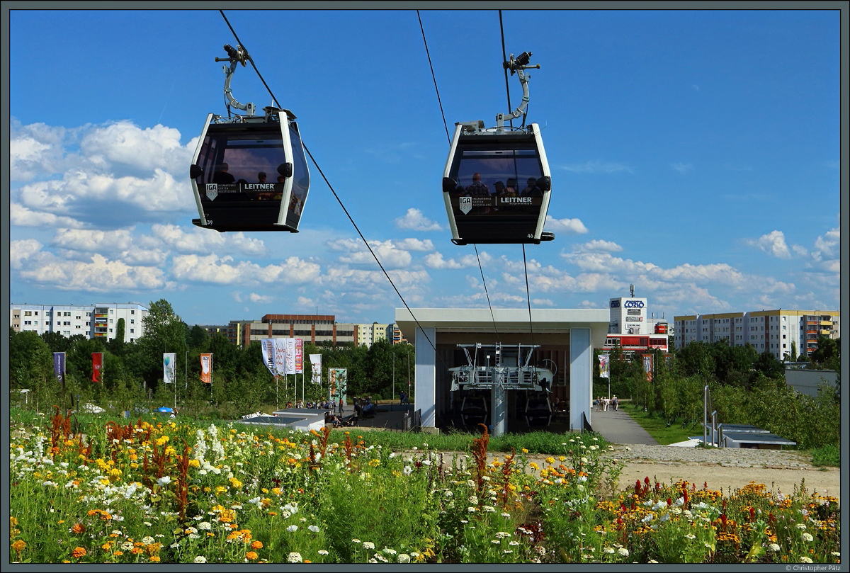 Anlässlich der IGA 2017 wurde auf dem Ausstellungsgelände in Berlin-Marzahn eine 1,5 km lange  Seilbahn errichtet. Zu sehen ist die Talstation Kienbergpark. (30.07.2017)