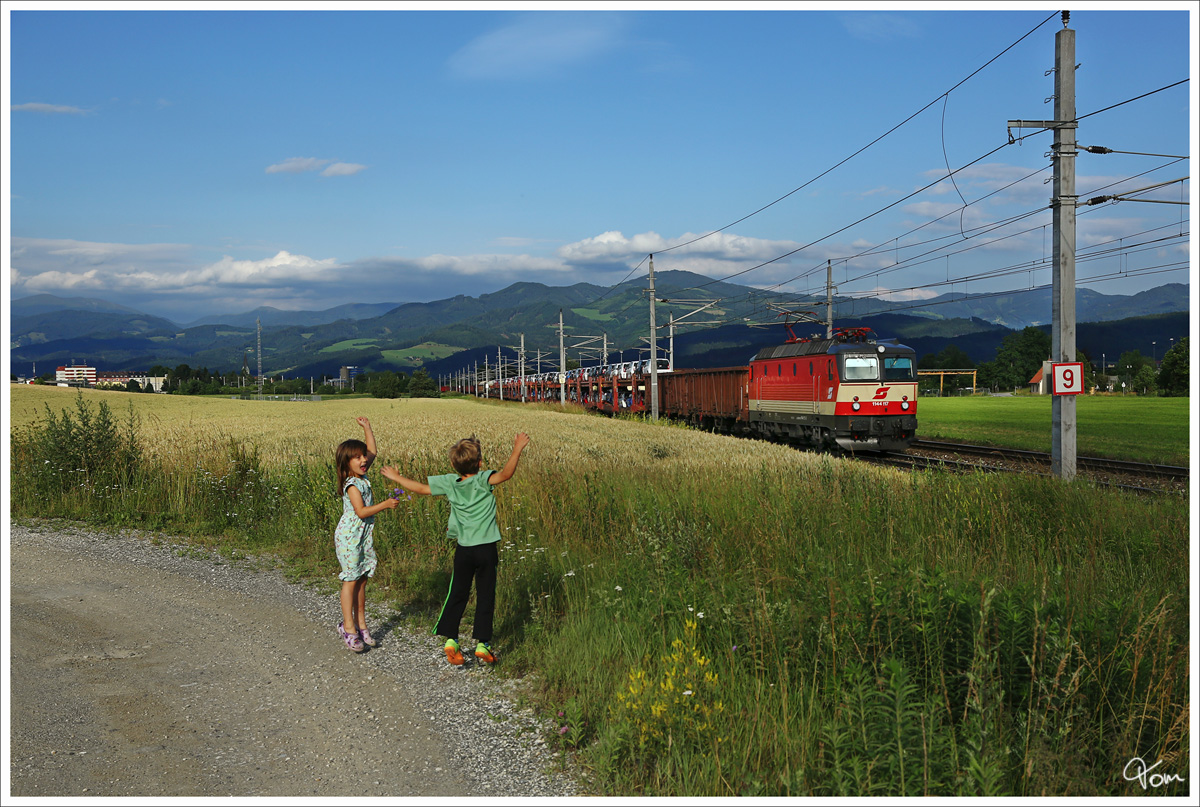 Anna, schau die Schachbrett kummt - 1144 117 zieht Güterzug 55507 durch das sommerliche Murtal.
Zeltweg 26_6_2014