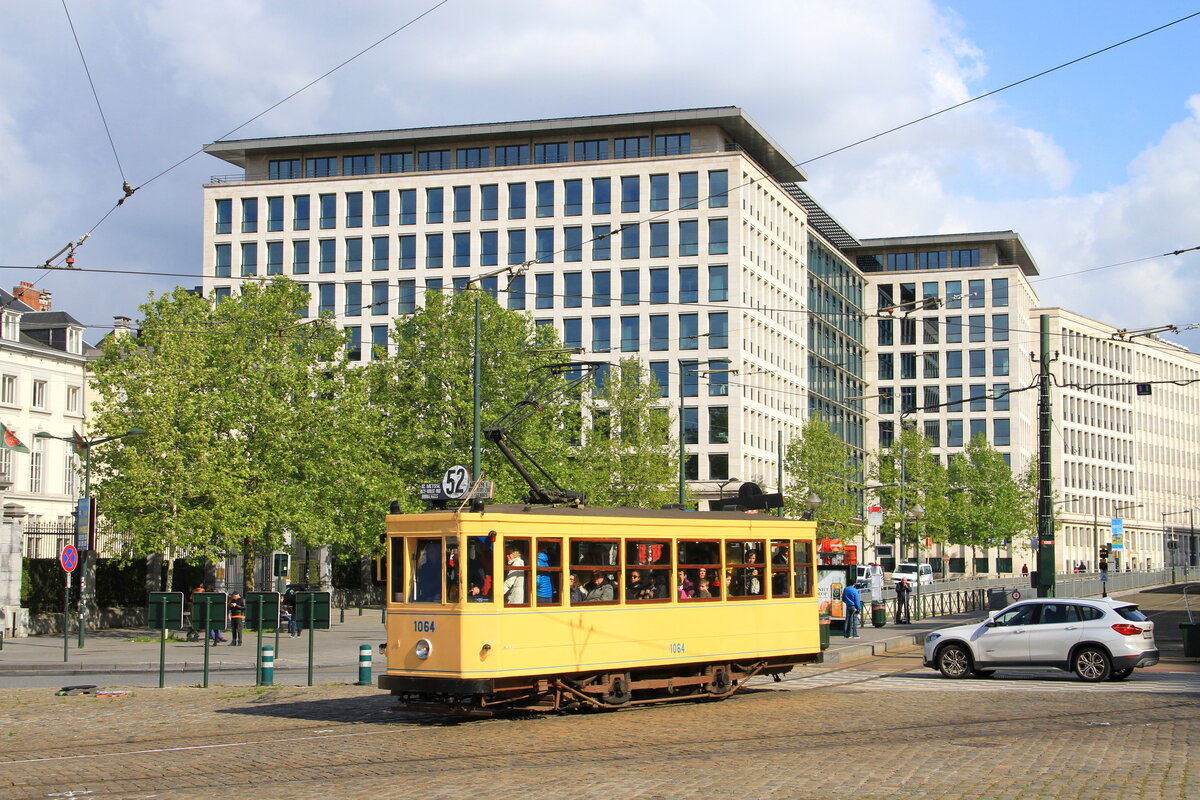 Anniversary 150 years tram in Brussels, Belgium
Circulation of preserved tramways between  Eglise Sainte-Marie  and  avenue Legrand 
Tram 1064 at place Poelaert
5/5/2019