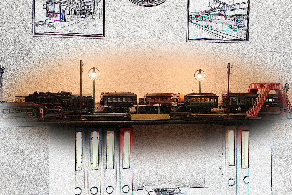 Antik Spielzeug Spur 0,mit Bing Personenzug 1930er Jahre.(Diorama PW)