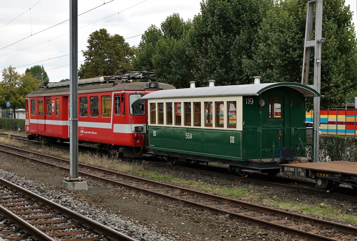 Appenzeller Bahnen AB
BDe 4/4 47 URNÄSCH mit dem B2 119 in Gossau abgestellt am 21. September 2019.
Foto: Walter Ruetsch
