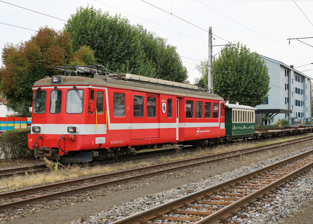 Appenzeller Bahnen AB
BDe 4/4 47 URNÄSCH mit dem B2 119 in Gossau abgestellt am 21. September 2019.
Foto: Walter Ruetsch
