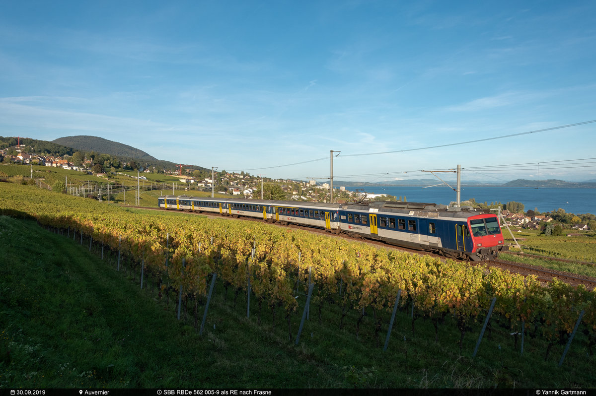 [Archiv] Am 30.09.2019 ist SBB RBDe 562 005-8 unterwegs als TGV Zubringer-RE nach Frasne (Frankreich) und konnte hier bei Auvernier aufgenommen werden. 