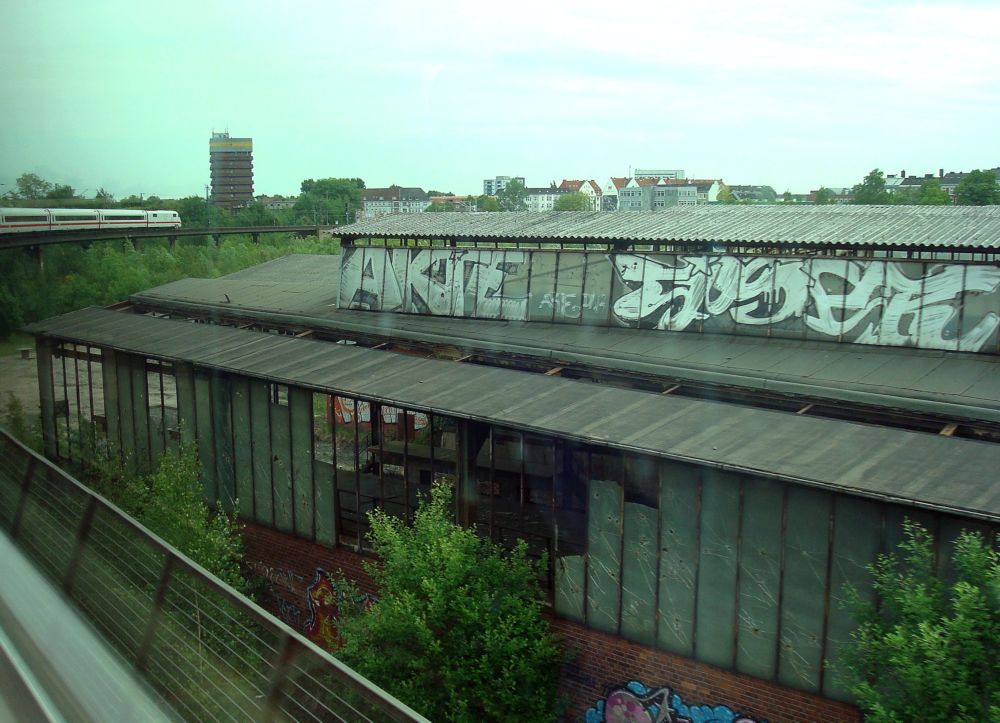 Archiv Güterbahnhof Hamburg-Altona: lang zieht sich die Eisenbrücke hin - über ein damals noch von der Natur erobertes Gelände. 15.5.2009  