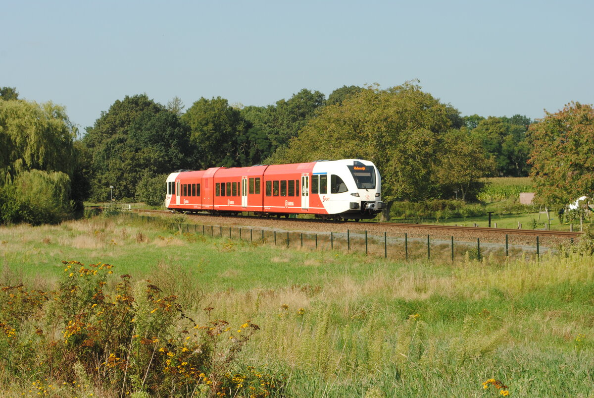 Arriva 372 passiert das Naturgebiet rund um den Bielheimerbeek bei Gaanderen am 04.09.2021, 14.40u. als Zug 30943 (Arnhem Centraal - Winterswijk). (Digi, Bild 22690)