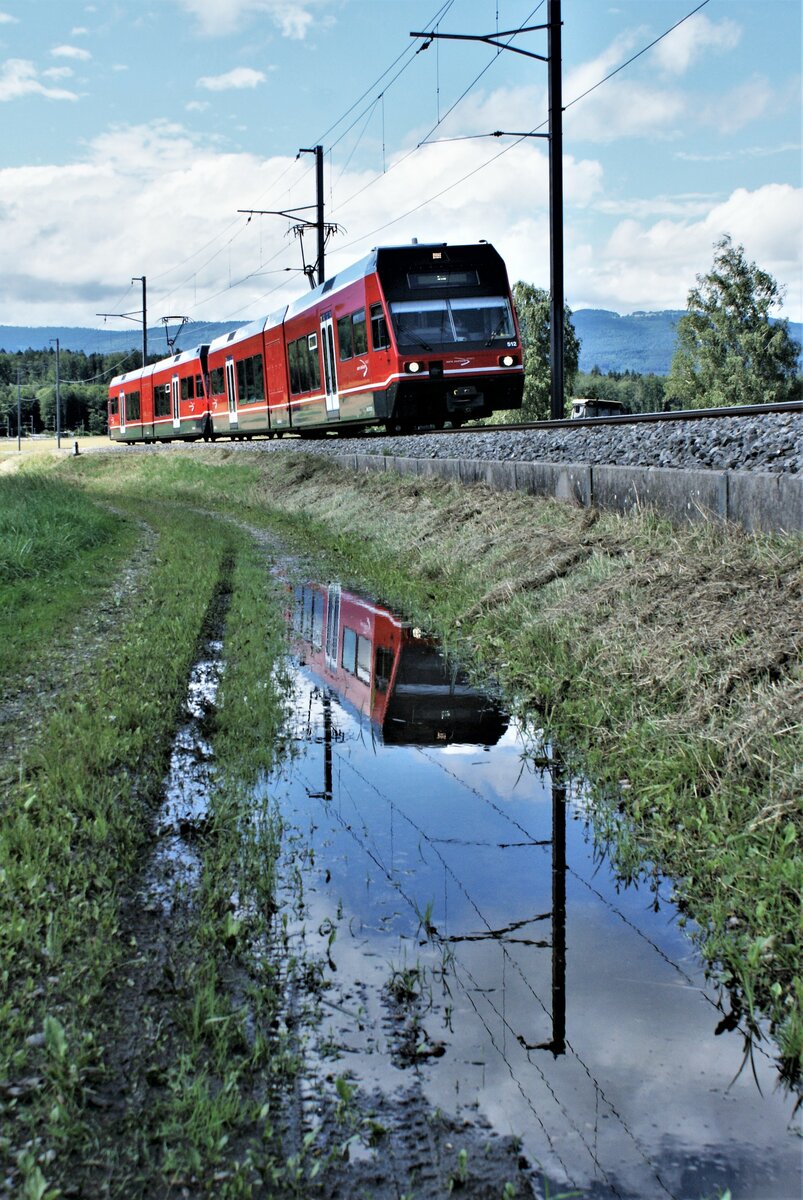 ASM BTI Aare Seeland mobil AG Biel-Täuffelen-Ins-Bahn: GTW 512 + 505, Zug 7090 Biel-Ins, Lüscherzmoos, 7. Juli 2021.