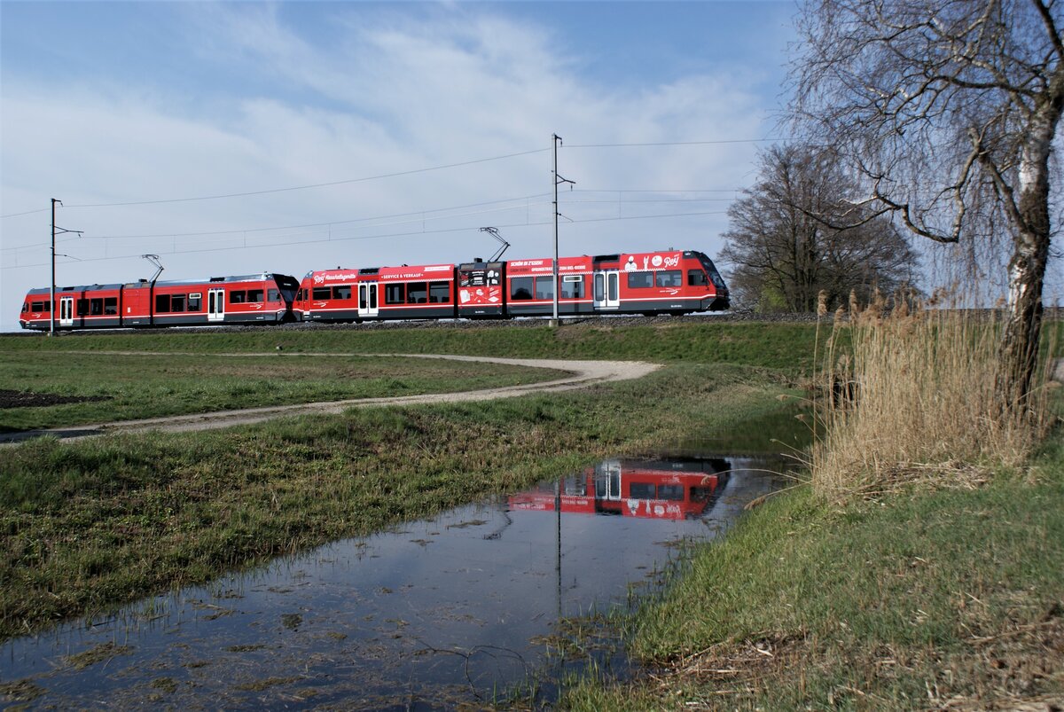 ASM BTI Aare Seeland mobil AG Biel-Täuffelen-Ins-Bahn: GTW 501 + 502, Zug 7045 Ins-Biel, Mooskanal Lüscherzmoos, 21. April 2021.