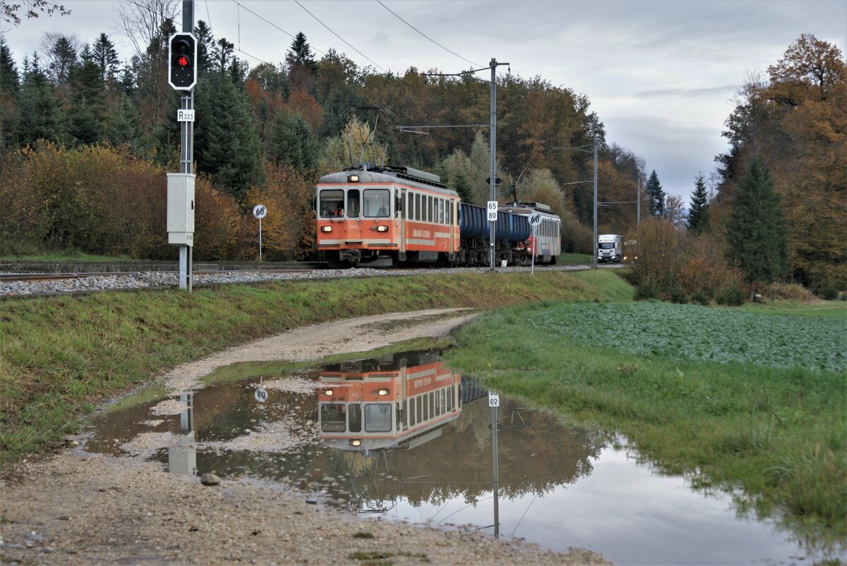 ASM BTI Aare Seeland mobil AG Biel-Täuffelen-Ins-Bahn: Be 4/4 302 + Fa 572 + Fa 571 + Fa 576 + Be 4/4 304, Zug 8238 Sutz-Finsterhennen, Lüscherz Haltestelle, 5. November 2021.
