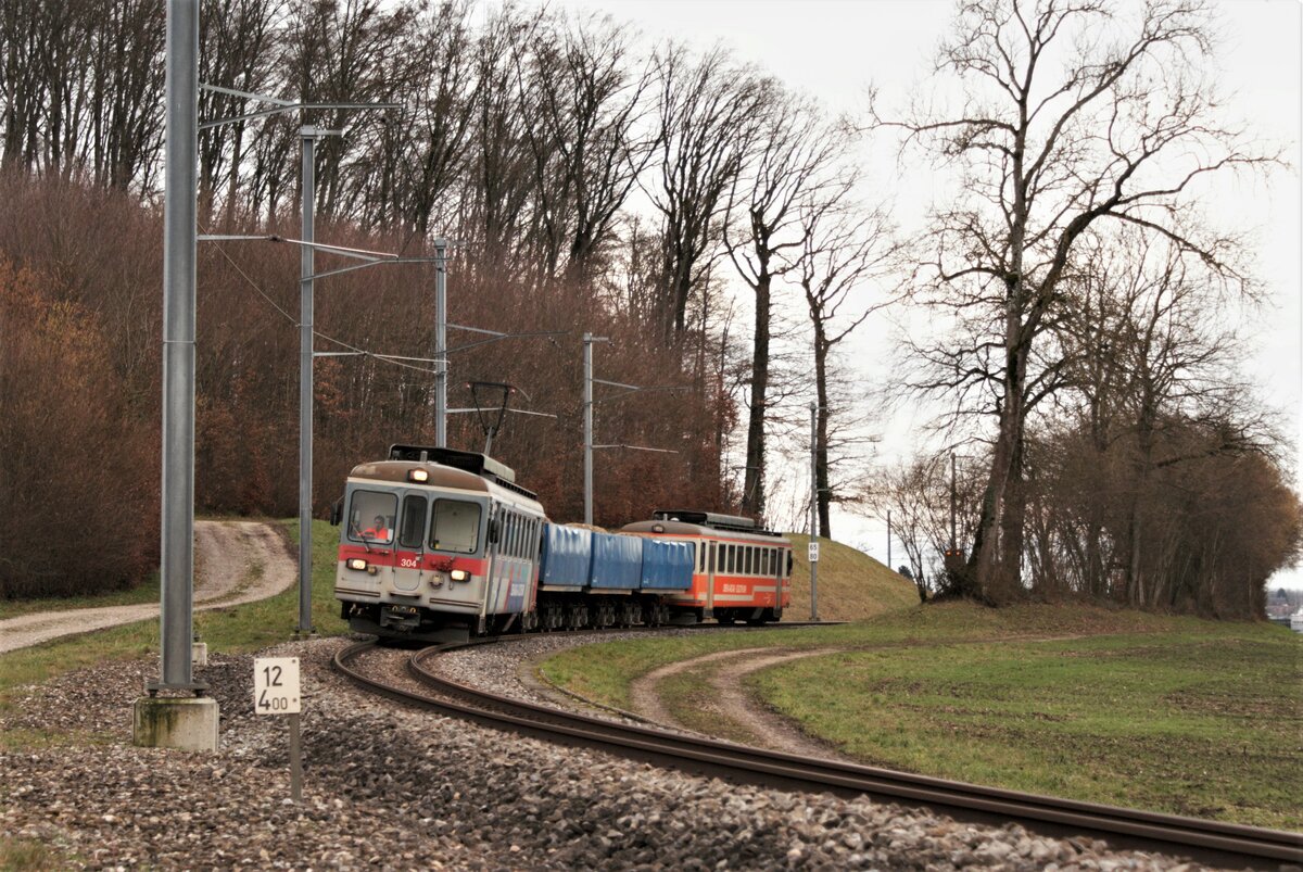 ASM BTI Aare Seeland mobil AG Biel-Täuffelen-Ins-Bahn: Be 4/4 304 + Fa 576 + Fa 571 + Fa 572 + Be 4/4 302, Zug 8281 Finsterhennen-Sutz, Grosswald Lüscherzmoos, 5 April 2021.