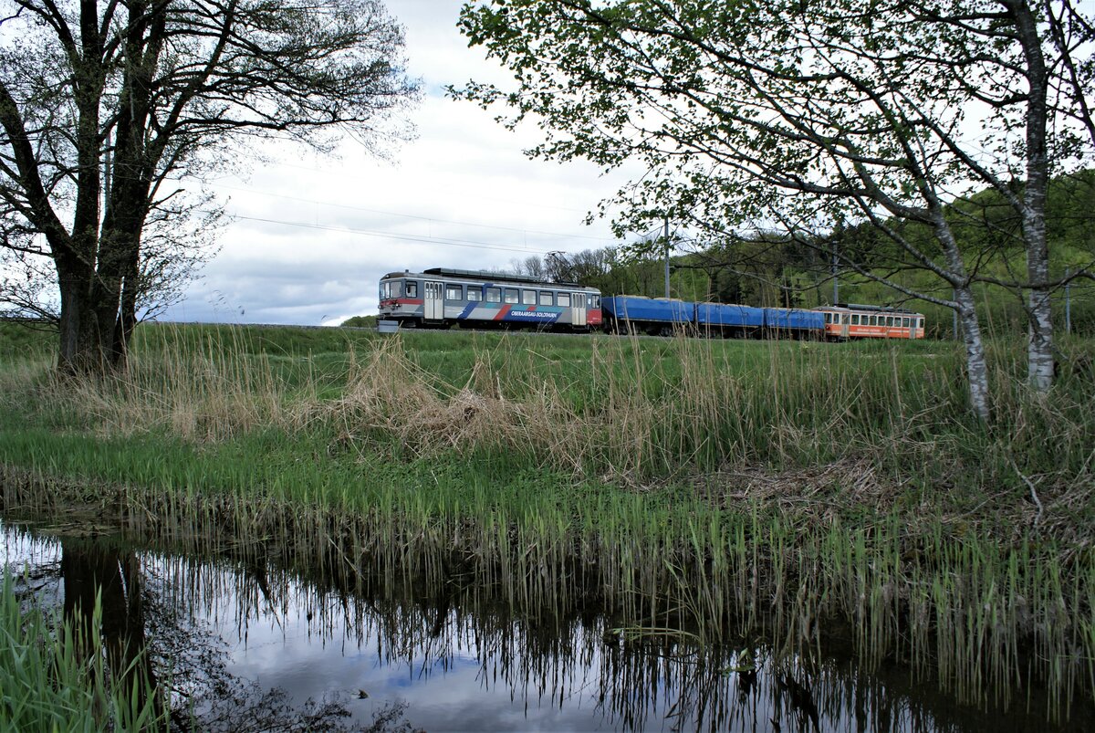 ASM BTI Aare Seeland mobil AG Biel-Täuffelen-Ins-Bahn: Be 4/4 304 + Fa 576 + Fa 571 + Fa 572 + Be 4/4 302, Zug 8281 Finsterhennen-Sutz, Mooskanal Lüscherzmoos, 7. Mai 2021.