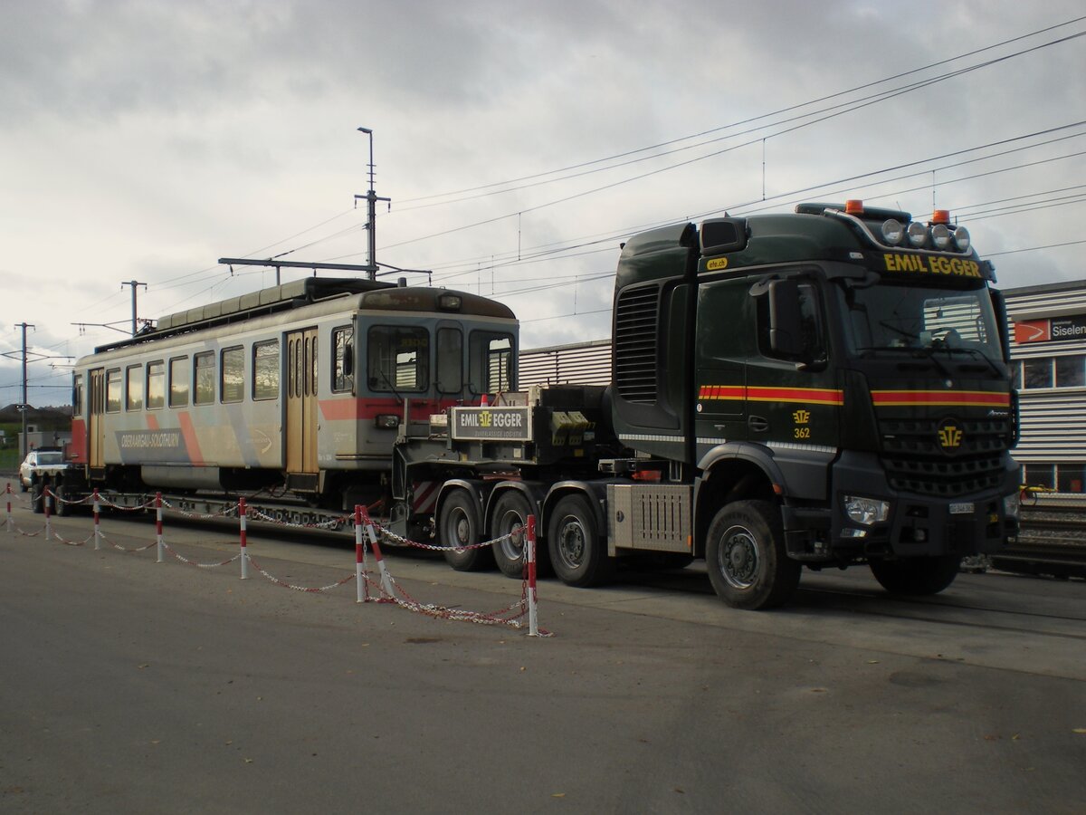 ASM BTI Aare Seeland mobil AG Biel-Täuffelen-Ins-Bahn: Be 4/4 304, bereit zum Abtransport zur Verschrottung, Siselen, 22. November 2022.