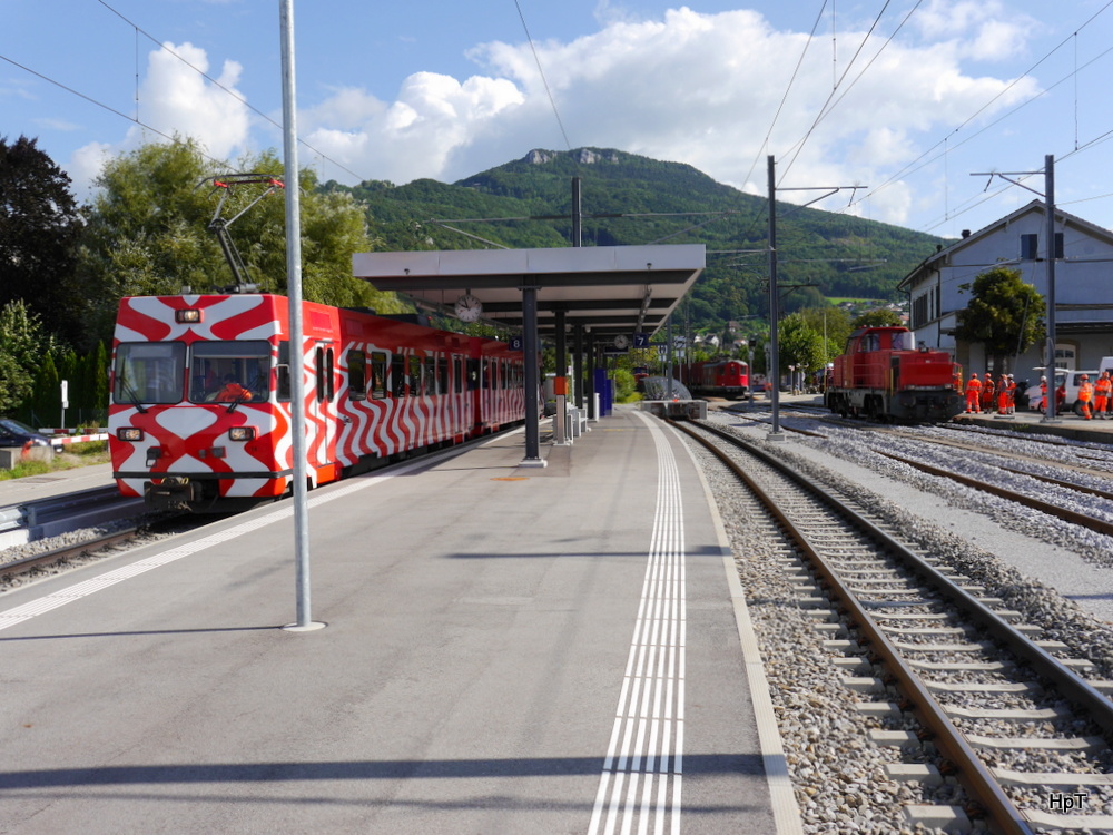 asm Oberaargau - Steuerwagen Bt 112 und Triebwagen Be 4/4 14 (ex FW) im Bahnhof Oensingen am 14.08.2014
