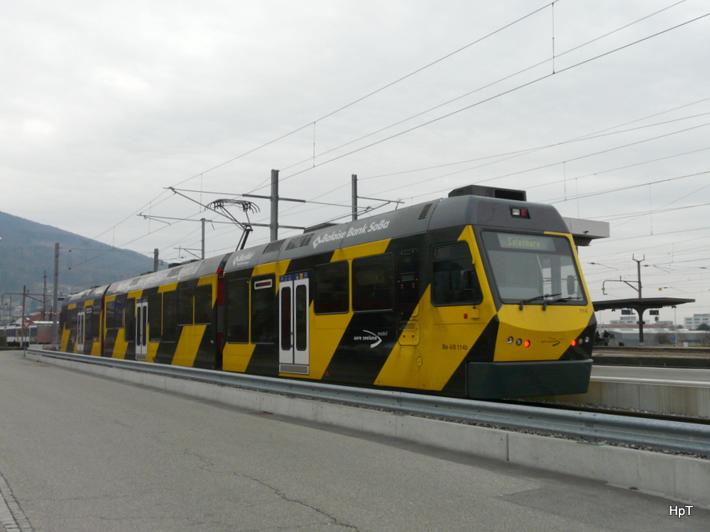 asm Oberaargau - Triebwagen Be 4/8  114 im Bahnhof Oensingen am 01.02.2014