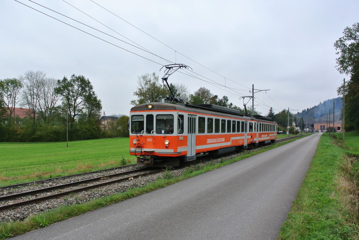 ASM Reservetriebwagen im Einsatz: Be 4/4 103+104 zwischen St. Urban und St. Urban Ziegelei, 27.10.2014.