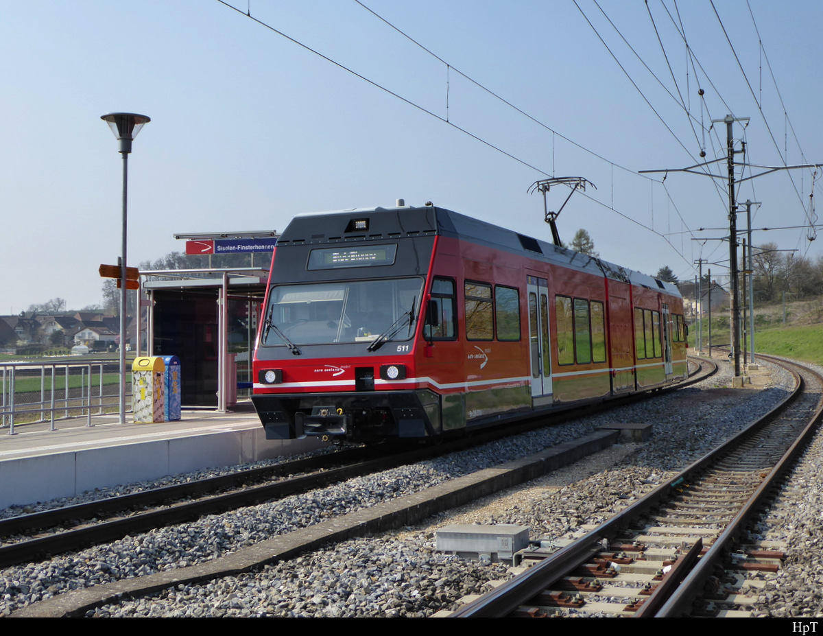 asm Seeland - GTW Be 2/6  511 ( ex Goldenpass Be 2/6 7001 ) als Regio nach Biel / Bienne bei der Haltestelle Siselen-Finsterhennen  am 12.04.2019