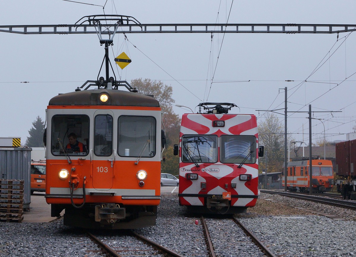 ASm/FW: Von der FW zur ASm. Ex FW Be 4/4 14 neben ASm Be 4/4 103 und ASm De 4/4 121 in Langenthal am 18. November 2013.
Foto: Walter Ruetsch