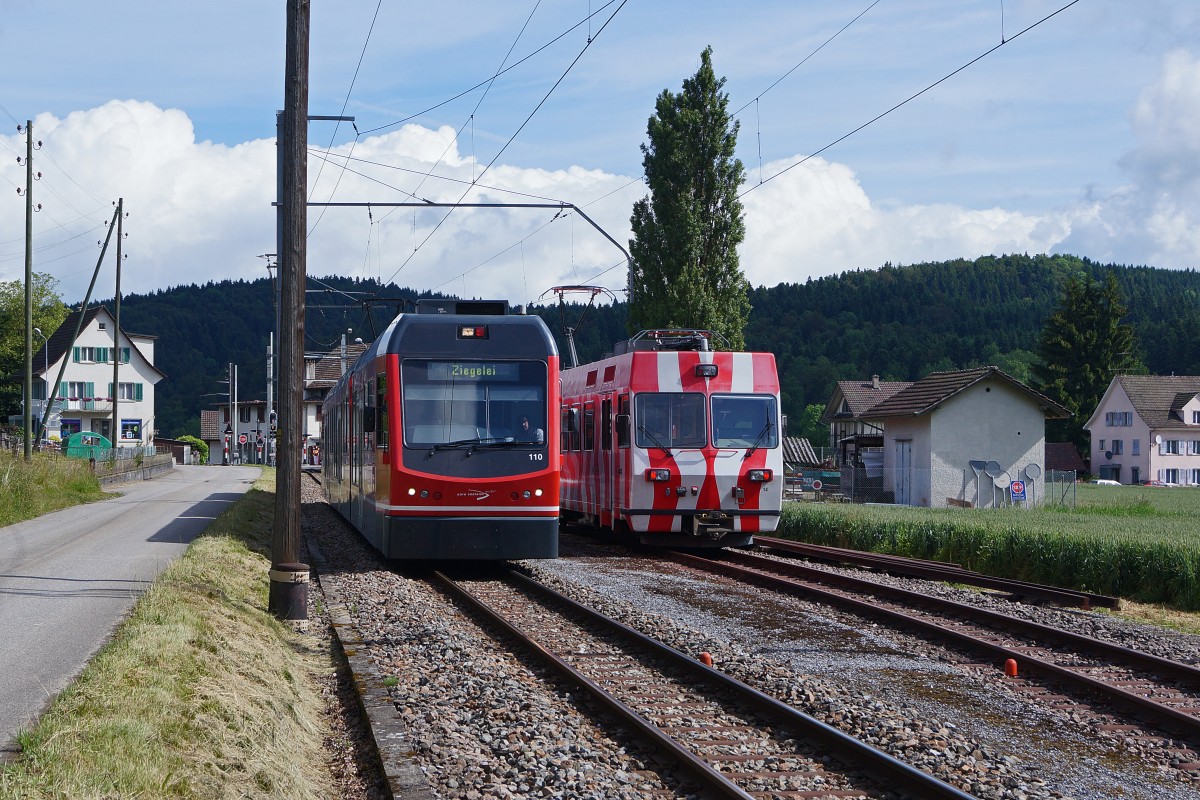 ASm/FW: Zu einer sehr seltenen Begegnung kam es am 5. Juni 2014 auf der umgebauten Haltestelle St. Urban zwischen dem Regionalzug nach St. Urban Ziegelei bestehend aus dem Be 4/8 610  STAR  und dem Be 4/4 14 (ex FW). An diesem Tage wurden mit dem ehemaligen Triebwagen der Frauenfeld Wil Bahn Schulungsfahrten zwischen Langenthal und St. Urban Ziegelei durchgeführt. Auf diesem Streckenabschnitt wird er in Zukunft als eiserne Reserve dienen. Das Farbkleid der FW wird beibehalten. Die alten ASm ex BTI/SZB Triebwagen Be 4/4 103 und Be 4/4 104 aus den Sechzigerjahre können somit endgültig aus dem Personenverkehr zurückgezogen werden.
Foto: Walter Ruetsch
