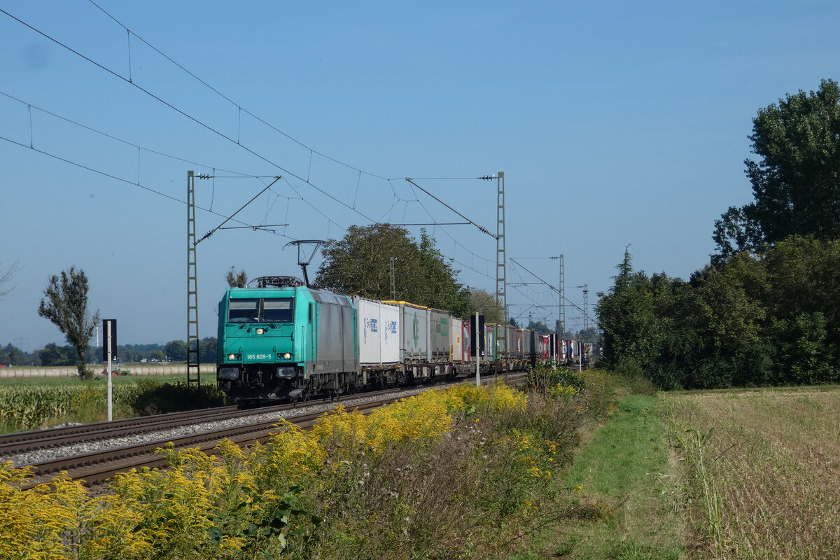 ATLU/Railtraxx 195 609 mit einem Containerzug am 08.09.2021 kurz vor Riegel-Malterdingen.