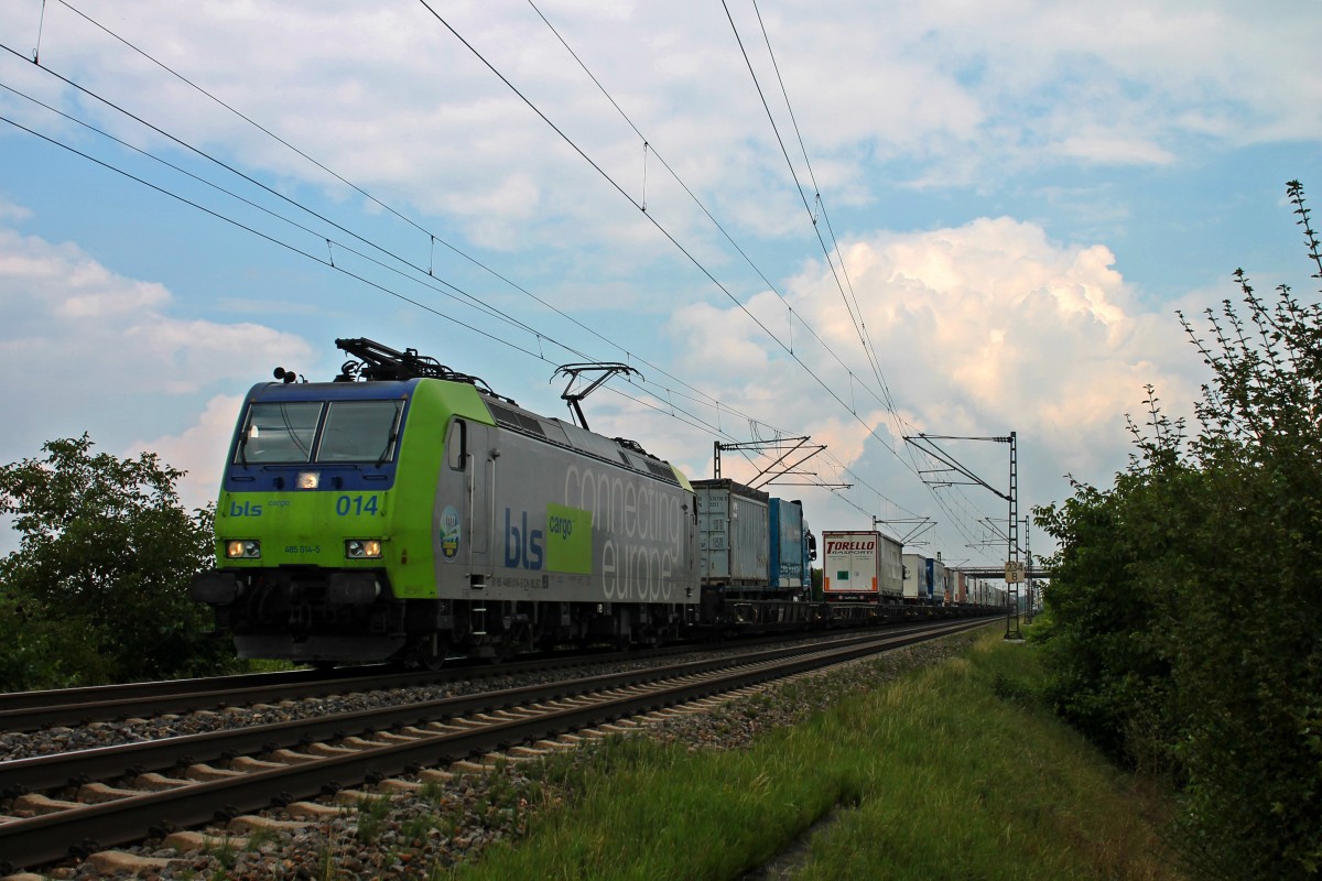 Auch am 28.08.2013, die BLS Cargo Re 485 014-5 ebenfalls mit einer RoLa, nur diesmal von Freiburg (Brsg) Gbf über Domodossola nach Novara in Italien. Hier bei der Fahrt in den Süden bei Hügelheim.