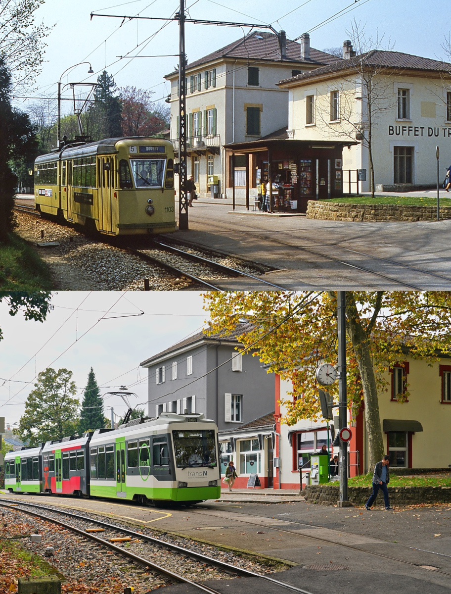 Auch im Bahnhof Colombier haben sich die Veränderungen in den letzten 45 Jahren in Grenzen gehalten: Auf der oberen Aufnahme verlässte der ex-Genueser Be 6/6 1103 als Linie 5 im Mai 1980 den Bahnhof, darunter nimmt der ex-Trogener Bahn-Be 4/8 032 mit einem Zug der R15 am 09.10.2025 den gleichen Weg.