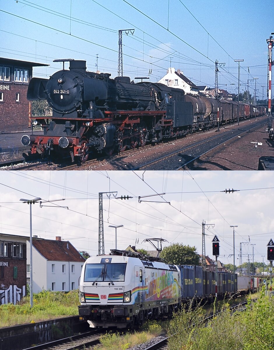 Auch bei diesem Vergleich mit zwei aus Richtung Norden in Rheine einfahrenden Güterzügen - oben trifft die 042 241-0 am 31.08.1974 ein, darunter die DB- Einziganders  193 366 am 29.07.2021 - fällt zunächst das inzwischen üppig sprießende Grün auf. Zeittypisch ist aber auch die Zusammenstellung der Güterzüge: Wie damals üblich hat die 042 einen bunt gemischten Güterzug am Haken, heute prägen Ganzzüge mit Containern das Bild. Die 042 241-0 blieb ebenfalls erhalten, sie gehört der Veluwsche Stoomtrein Maatschappij, eine betriebsfähige Aufarbeitung und Rückbau zur Kohlelok ist geplant.