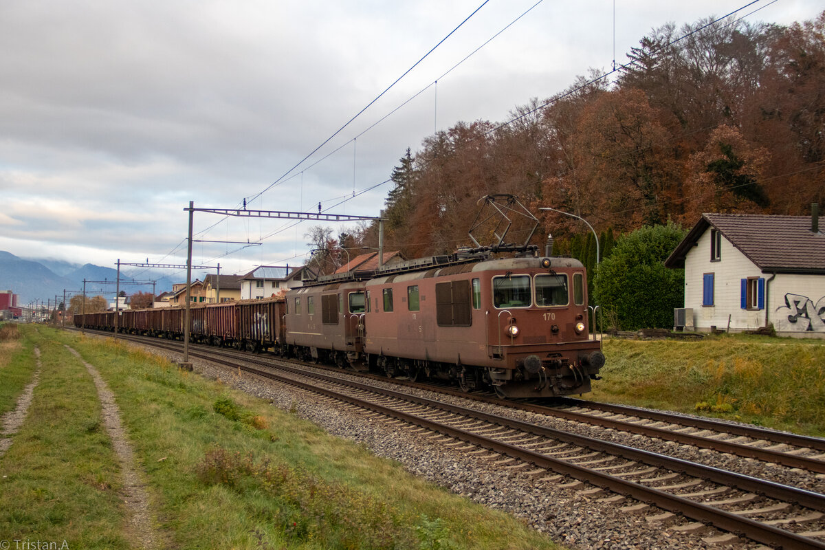 Auch dieses Jahr sind die Brünelis/ Re 425 der BLS AG vor Rübenzüge anzutreffen. Auf dem Bild zu sehen Re 425 170 und 182 mit einem vollen Rübenzug in Busswil Richtung Lyss. 22.11.2023