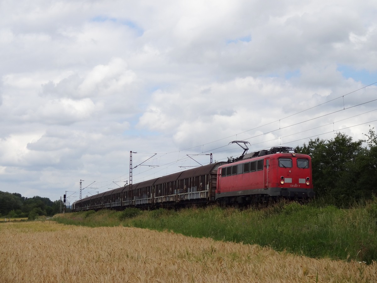 Auch eine Einheitslok durfte am 17.6.14 nicht fehlen. So kam der Montags bis Freitags verkehrende Henkelzug mit der 139 287 durch das Maintal gebraust. 
Aufgenommen bei Thüngersheim. 